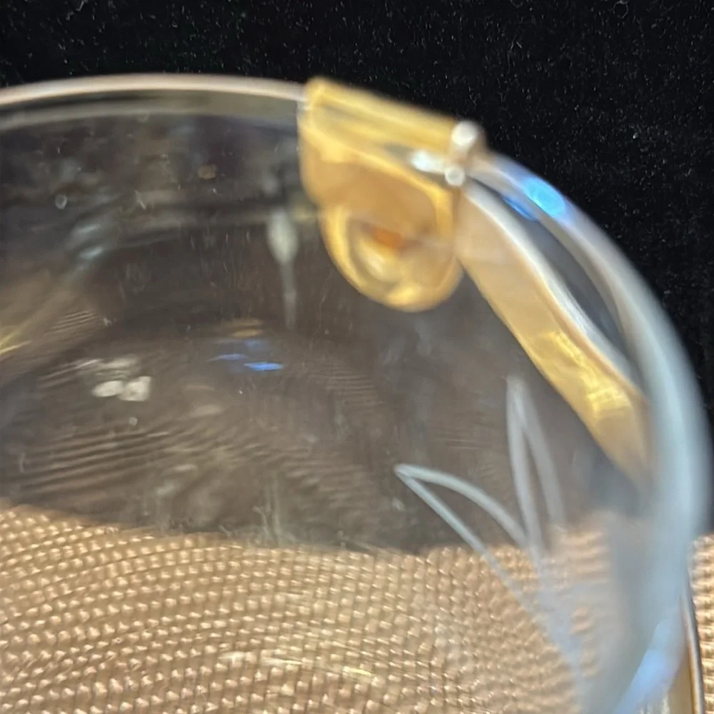 Vintage Italian etched crystal sugar cube bucket with gold tone handle & tongs